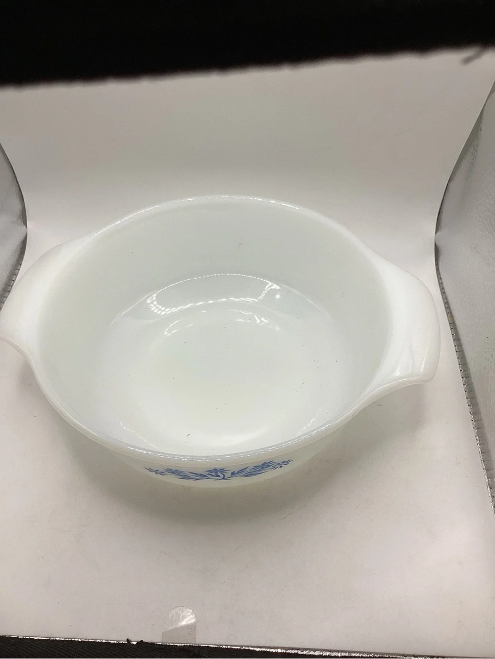 vintage Anchor Hocking Fire-King milk glass casserole dish cornflower design